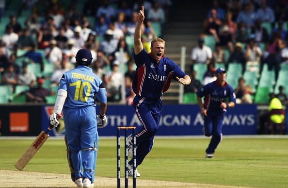 Andrew Flintoff celebrates the wicket of Sachin Tendulkar in the 2003 World Cup.